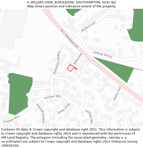 4, MILLERS VIEW, BURSLEDON, SOUTHAMPTON, SO31 8JZ: Location map and indicative extent of plot