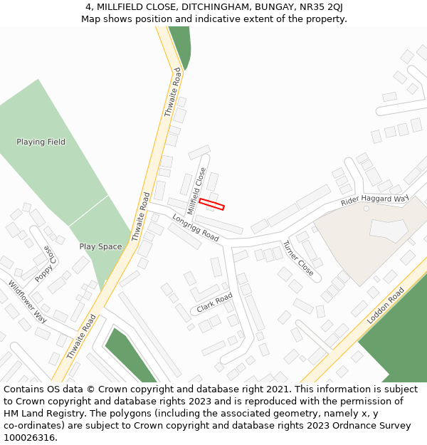 4, MILLFIELD CLOSE, DITCHINGHAM, BUNGAY, NR35 2QJ: Location map and indicative extent of plot