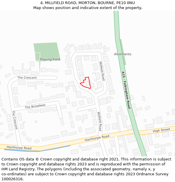 4, MILLFIELD ROAD, MORTON, BOURNE, PE10 0NU: Location map and indicative extent of plot