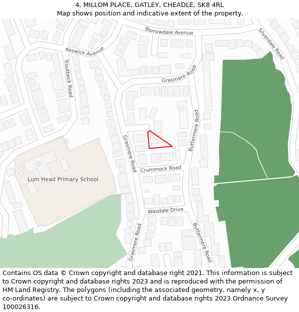 4, MILLOM PLACE, GATLEY, CHEADLE, SK8 4RL: Location map and indicative extent of plot