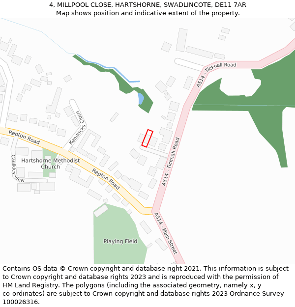 4, MILLPOOL CLOSE, HARTSHORNE, SWADLINCOTE, DE11 7AR: Location map and indicative extent of plot