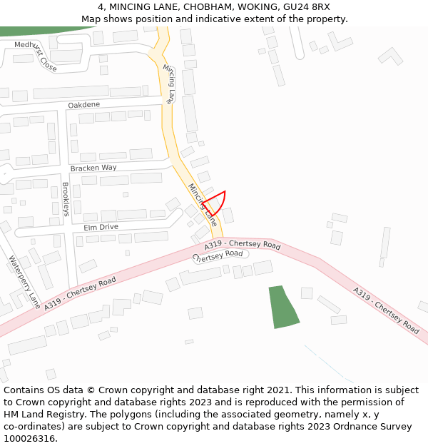 4, MINCING LANE, CHOBHAM, WOKING, GU24 8RX: Location map and indicative extent of plot