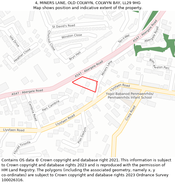 4, MINERS LANE, OLD COLWYN, COLWYN BAY, LL29 9HG: Location map and indicative extent of plot