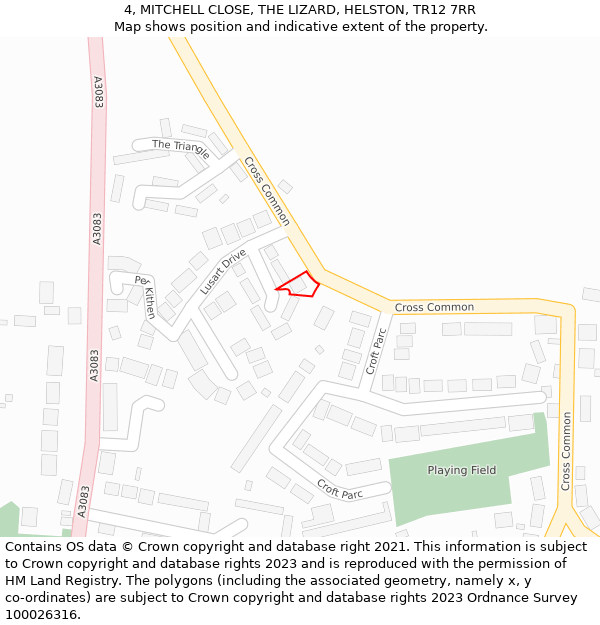 4, MITCHELL CLOSE, THE LIZARD, HELSTON, TR12 7RR: Location map and indicative extent of plot