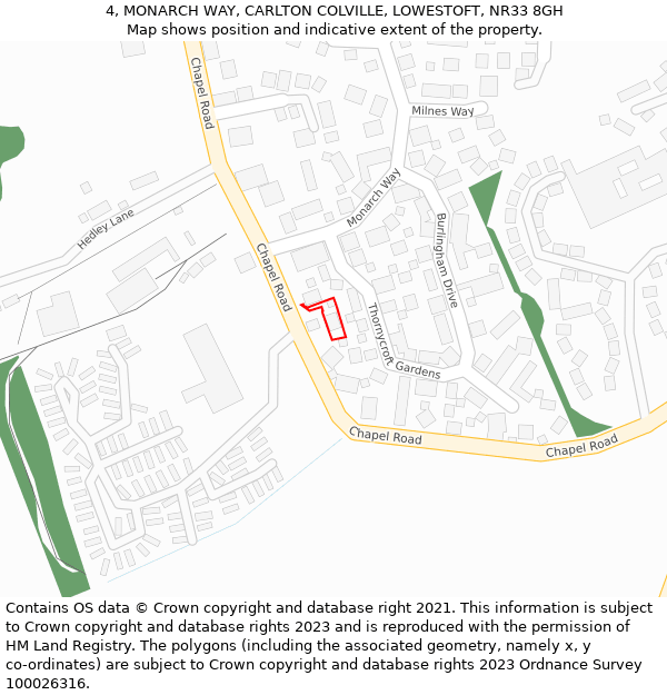 4, MONARCH WAY, CARLTON COLVILLE, LOWESTOFT, NR33 8GH: Location map and indicative extent of plot