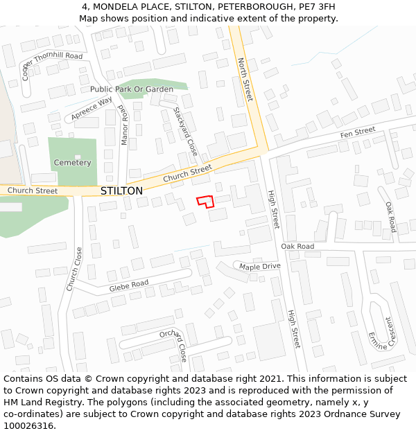 4, MONDELA PLACE, STILTON, PETERBOROUGH, PE7 3FH: Location map and indicative extent of plot