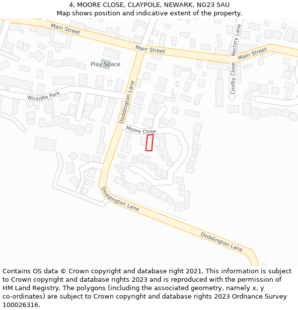 4, MOORE CLOSE, CLAYPOLE, NEWARK, NG23 5AU: Location map and indicative extent of plot