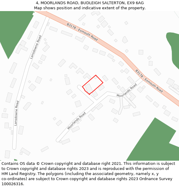 4, MOORLANDS ROAD, BUDLEIGH SALTERTON, EX9 6AG: Location map and indicative extent of plot