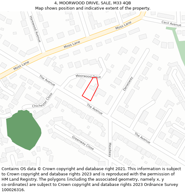 4, MOORWOOD DRIVE, SALE, M33 4QB: Location map and indicative extent of plot