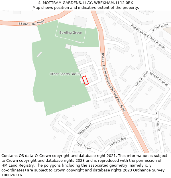 4, MOTTRAM GARDENS, LLAY, WREXHAM, LL12 0BX: Location map and indicative extent of plot