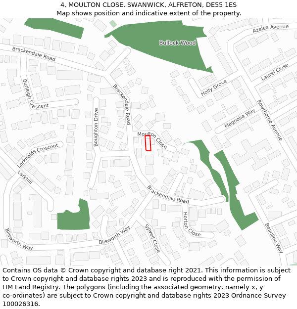 4, MOULTON CLOSE, SWANWICK, ALFRETON, DE55 1ES: Location map and indicative extent of plot