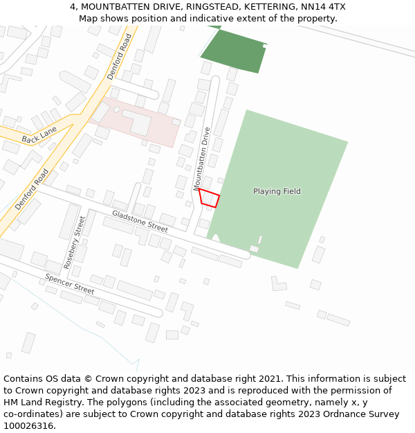 4, MOUNTBATTEN DRIVE, RINGSTEAD, KETTERING, NN14 4TX: Location map and indicative extent of plot