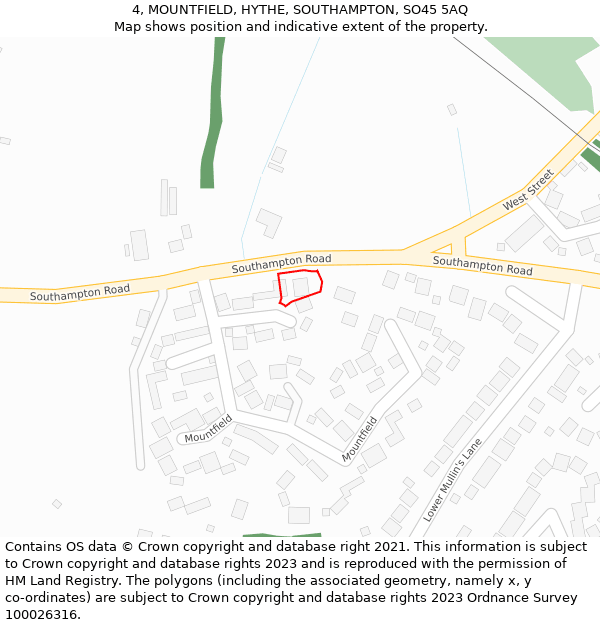 4, MOUNTFIELD, HYTHE, SOUTHAMPTON, SO45 5AQ: Location map and indicative extent of plot