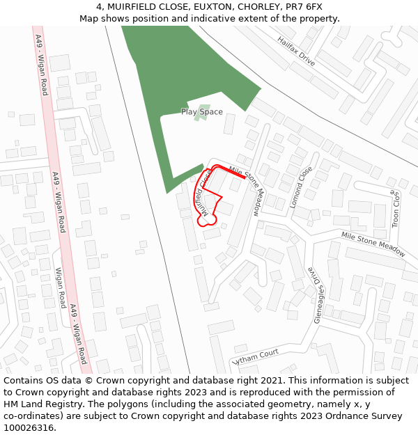 4, MUIRFIELD CLOSE, EUXTON, CHORLEY, PR7 6FX: Location map and indicative extent of plot