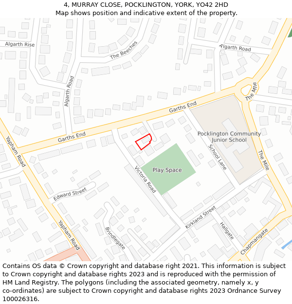 4, MURRAY CLOSE, POCKLINGTON, YORK, YO42 2HD: Location map and indicative extent of plot