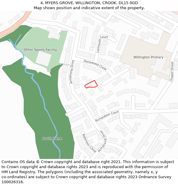 4, MYERS GROVE, WILLINGTON, CROOK, DL15 0GD: Location map and indicative extent of plot