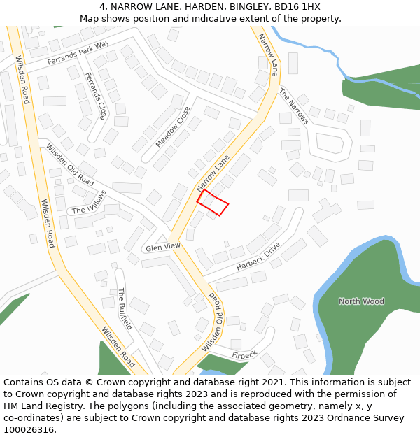4, NARROW LANE, HARDEN, BINGLEY, BD16 1HX: Location map and indicative extent of plot