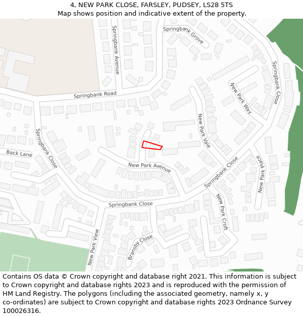 4, NEW PARK CLOSE, FARSLEY, PUDSEY, LS28 5TS: Location map and indicative extent of plot