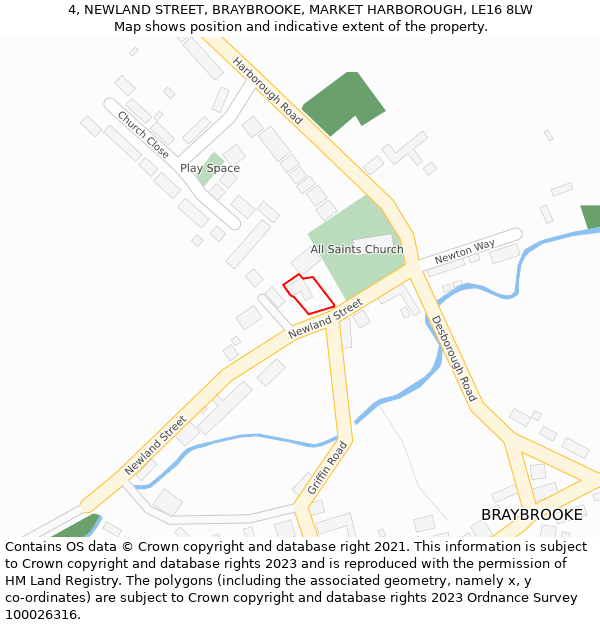 4, NEWLAND STREET, BRAYBROOKE, MARKET HARBOROUGH, LE16 8LW: Location map and indicative extent of plot