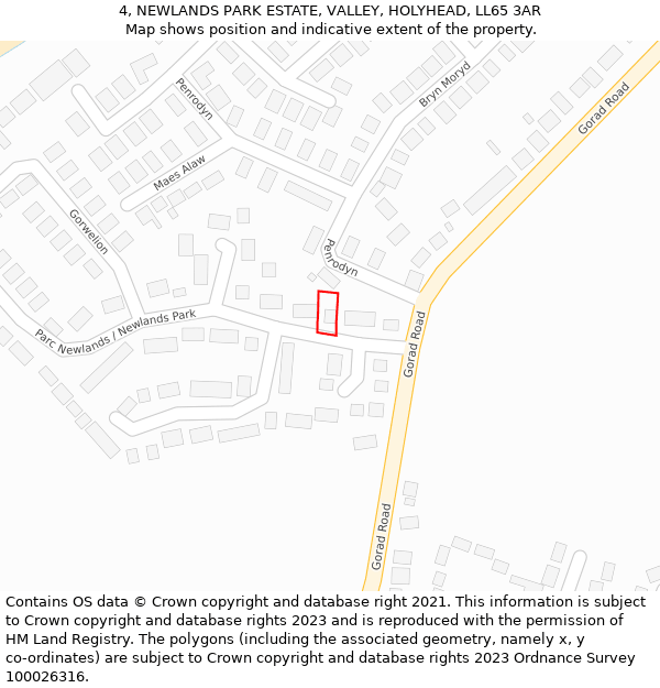 4, NEWLANDS PARK ESTATE, VALLEY, HOLYHEAD, LL65 3AR: Location map and indicative extent of plot