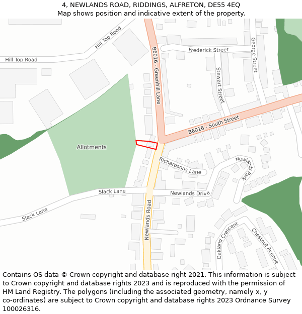 4, NEWLANDS ROAD, RIDDINGS, ALFRETON, DE55 4EQ: Location map and indicative extent of plot