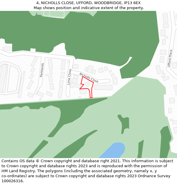 4, NICHOLLS CLOSE, UFFORD, WOODBRIDGE, IP13 6EX: Location map and indicative extent of plot