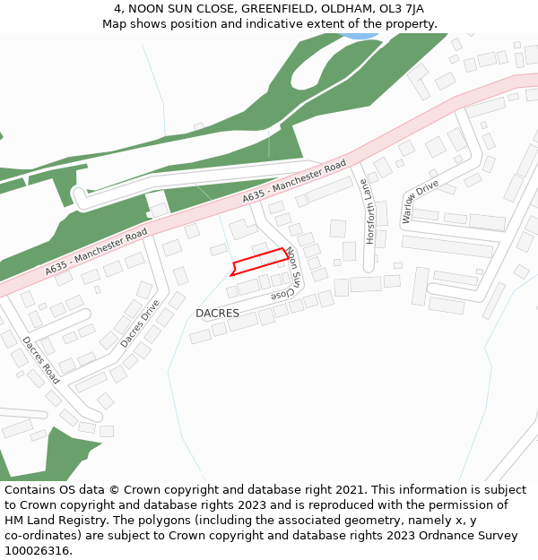 4, NOON SUN CLOSE, GREENFIELD, OLDHAM, OL3 7JA: Location map and indicative extent of plot