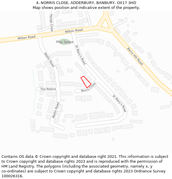 4, NORRIS CLOSE, ADDERBURY, BANBURY, OX17 3HD: Location map and indicative extent of plot