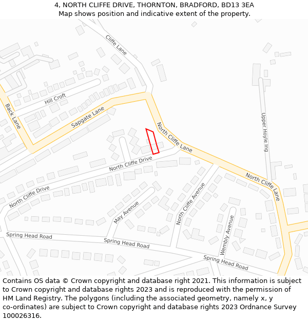 4, NORTH CLIFFE DRIVE, THORNTON, BRADFORD, BD13 3EA: Location map and indicative extent of plot