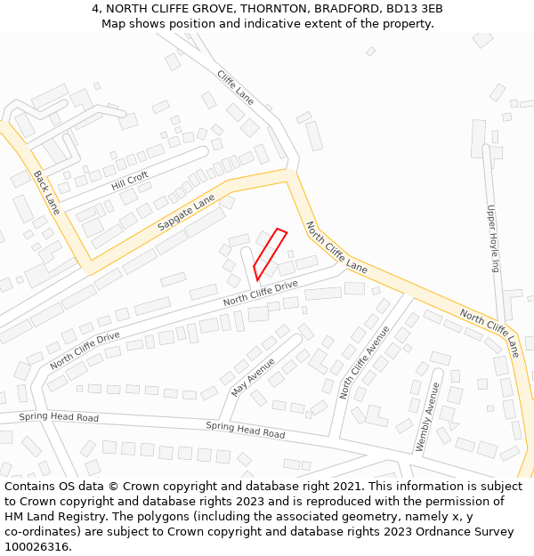 4, NORTH CLIFFE GROVE, THORNTON, BRADFORD, BD13 3EB: Location map and indicative extent of plot