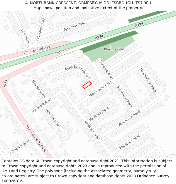 4, NORTHBANK CRESCENT, ORMESBY, MIDDLESBROUGH, TS7 9EU: Location map and indicative extent of plot