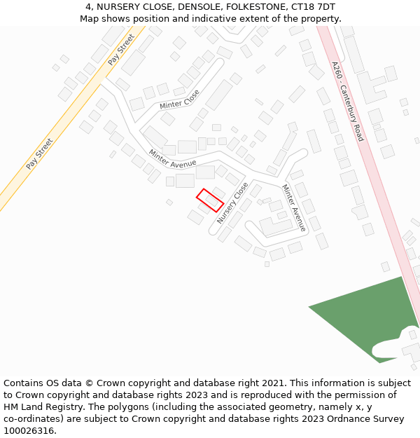 4, NURSERY CLOSE, DENSOLE, FOLKESTONE, CT18 7DT: Location map and indicative extent of plot