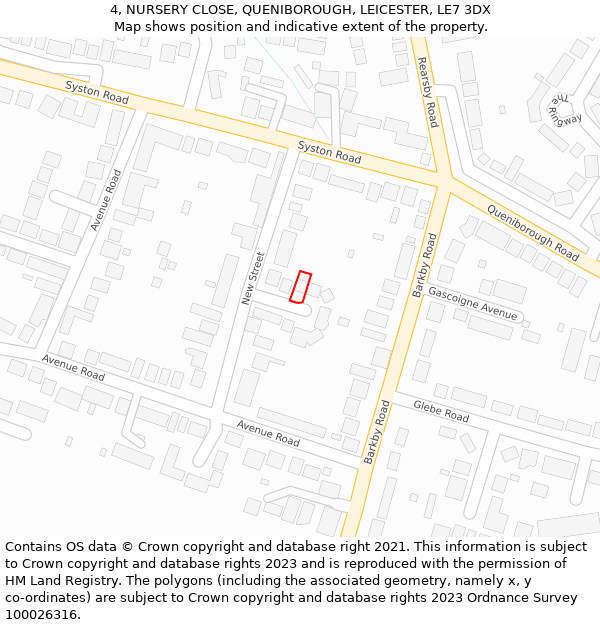 4, NURSERY CLOSE, QUENIBOROUGH, LEICESTER, LE7 3DX: Location map and indicative extent of plot