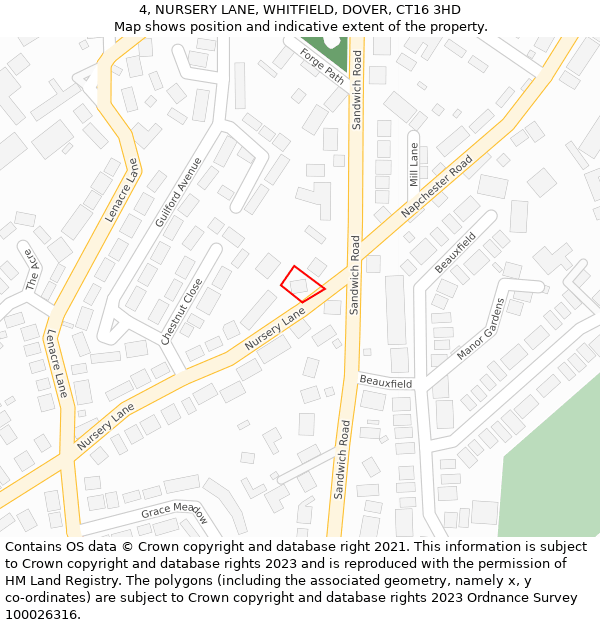 4, NURSERY LANE, WHITFIELD, DOVER, CT16 3HD: Location map and indicative extent of plot