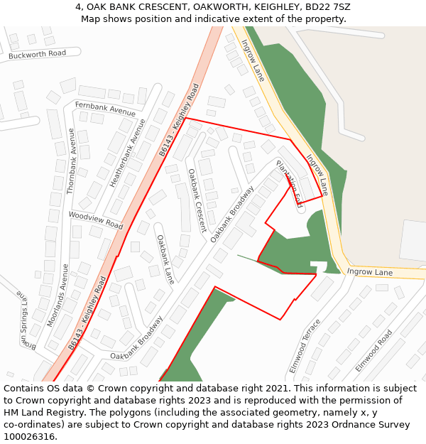 4, OAK BANK CRESCENT, OAKWORTH, KEIGHLEY, BD22 7SZ: Location map and indicative extent of plot