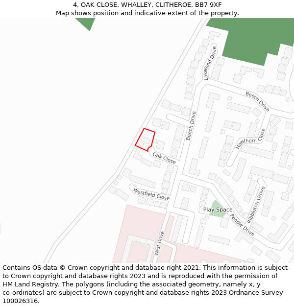 4, OAK CLOSE, WHALLEY, CLITHEROE, BB7 9XF: Location map and indicative extent of plot