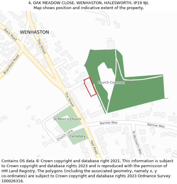 4, OAK MEADOW CLOSE, WENHASTON, HALESWORTH, IP19 9JL: Location map and indicative extent of plot