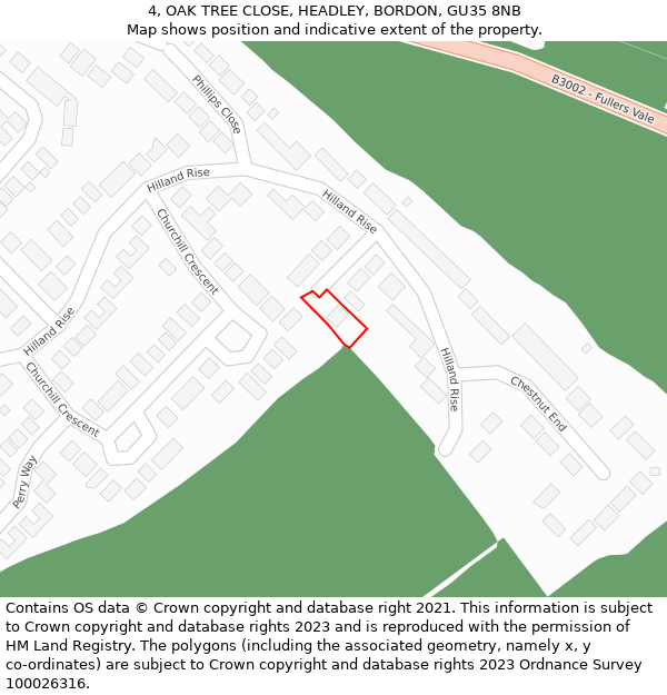 4, OAK TREE CLOSE, HEADLEY, BORDON, GU35 8NB: Location map and indicative extent of plot