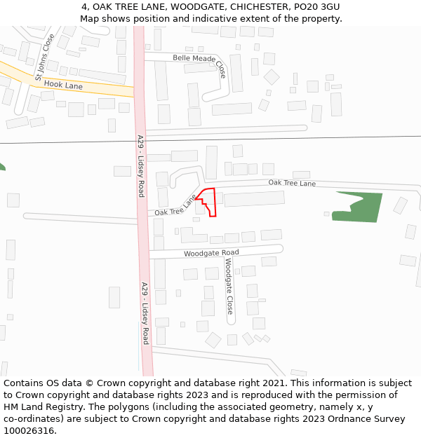 4, OAK TREE LANE, WOODGATE, CHICHESTER, PO20 3GU: Location map and indicative extent of plot