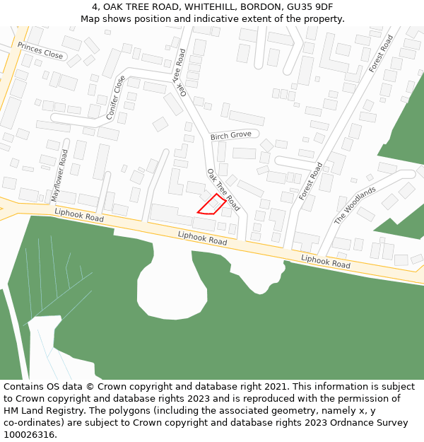 4, OAK TREE ROAD, WHITEHILL, BORDON, GU35 9DF: Location map and indicative extent of plot