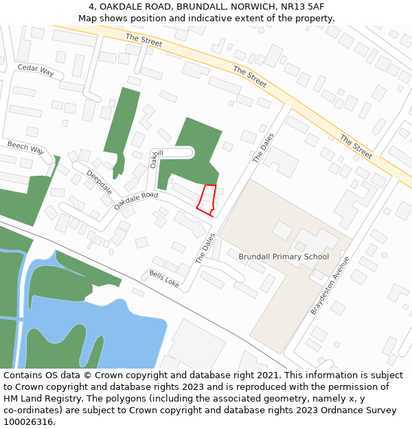 4, OAKDALE ROAD, BRUNDALL, NORWICH, NR13 5AF: Location map and indicative extent of plot