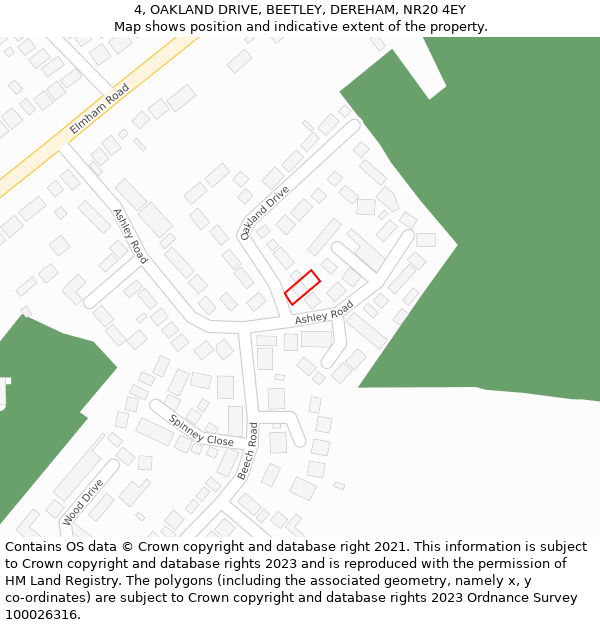 4, OAKLAND DRIVE, BEETLEY, DEREHAM, NR20 4EY: Location map and indicative extent of plot