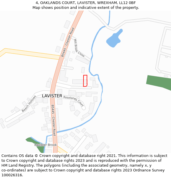 4, OAKLANDS COURT, LAVISTER, WREXHAM, LL12 0BF: Location map and indicative extent of plot