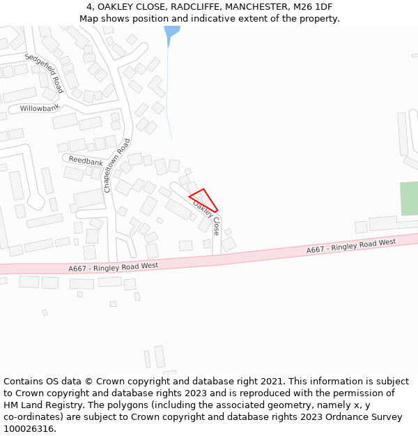 4, OAKLEY CLOSE, RADCLIFFE, MANCHESTER, M26 1DF: Location map and indicative extent of plot