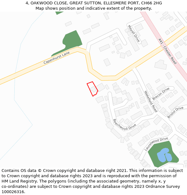 4, OAKWOOD CLOSE, GREAT SUTTON, ELLESMERE PORT, CH66 2HG: Location map and indicative extent of plot