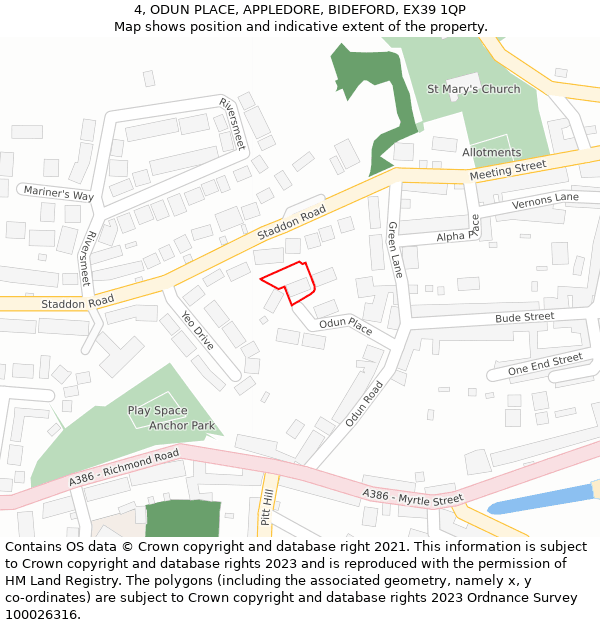 4, ODUN PLACE, APPLEDORE, BIDEFORD, EX39 1QP: Location map and indicative extent of plot