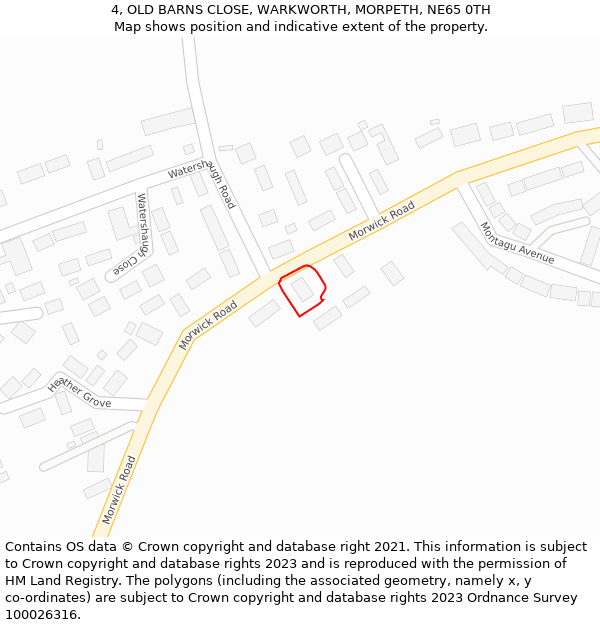 4, OLD BARNS CLOSE, WARKWORTH, MORPETH, NE65 0TH: Location map and indicative extent of plot