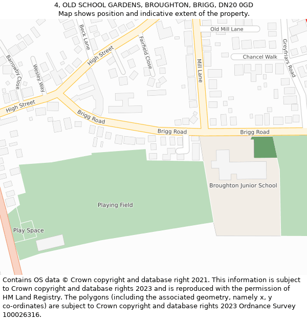 4, OLD SCHOOL GARDENS, BROUGHTON, BRIGG, DN20 0GD: Location map and indicative extent of plot