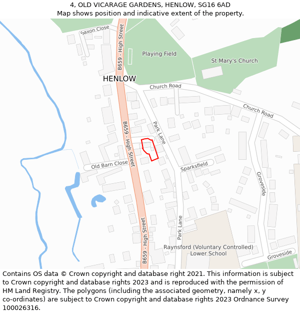 4, OLD VICARAGE GARDENS, HENLOW, SG16 6AD: Location map and indicative extent of plot