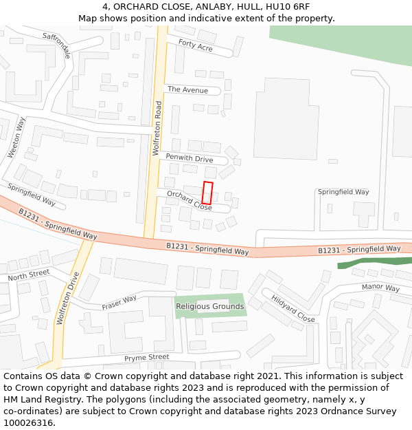 4, ORCHARD CLOSE, ANLABY, HULL, HU10 6RF: Location map and indicative extent of plot